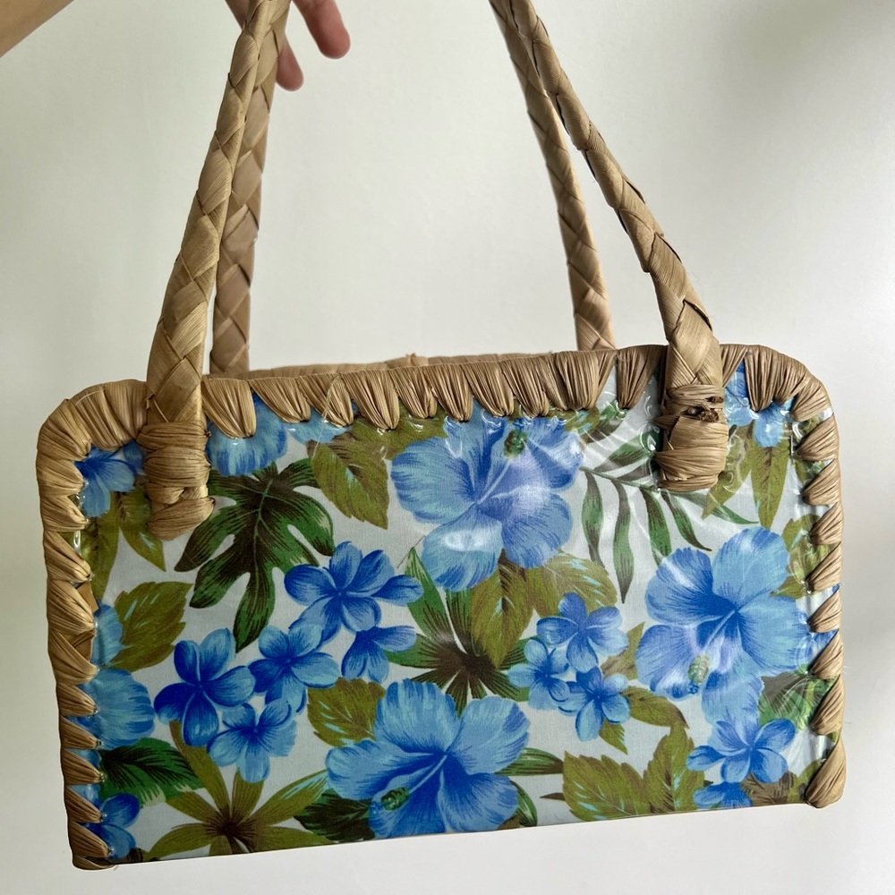 Vintage Y2K Tropical Blue Floral Weave Basket Handbag